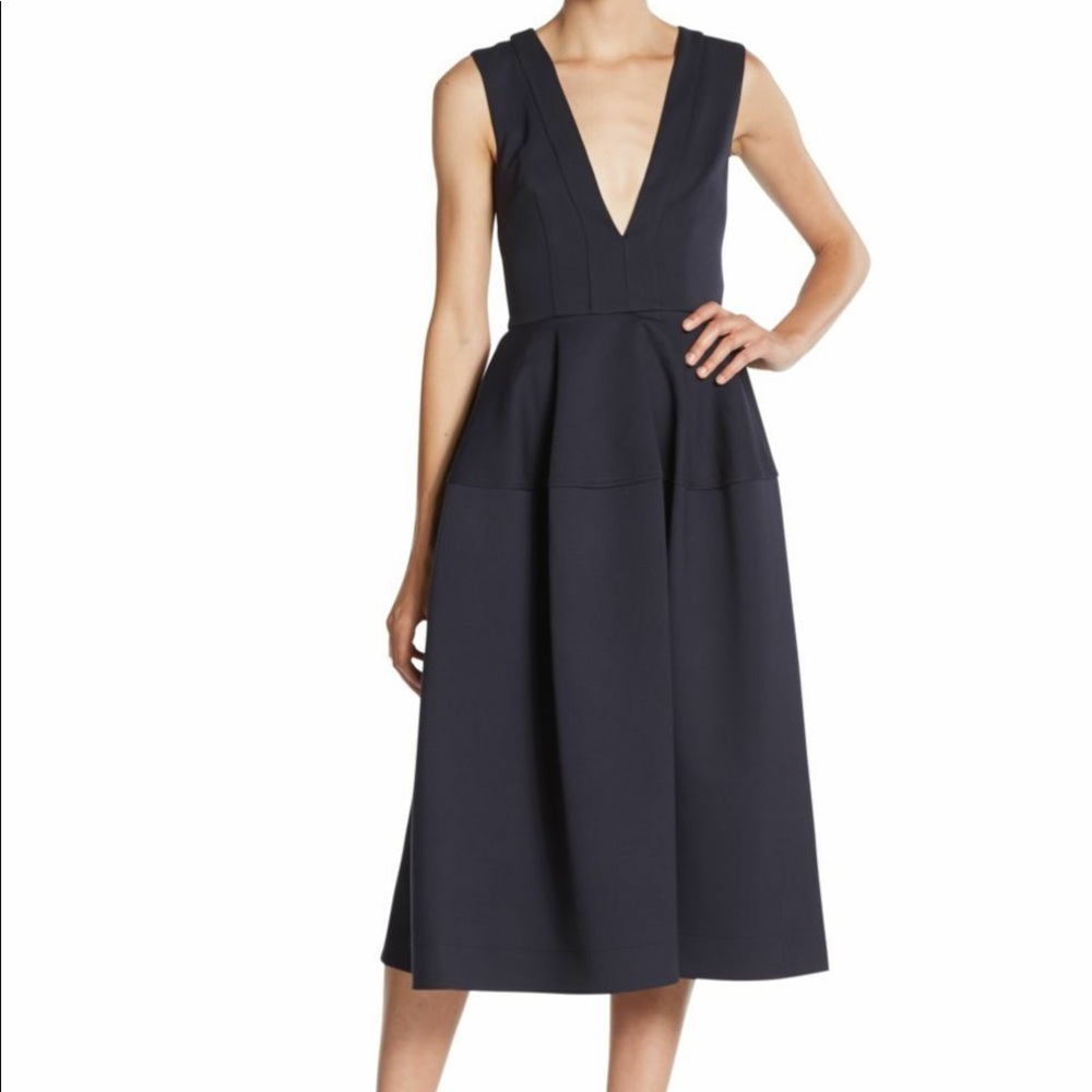 N/ NICHOLAS Navy Deep V Plunge Midi Ball Dress